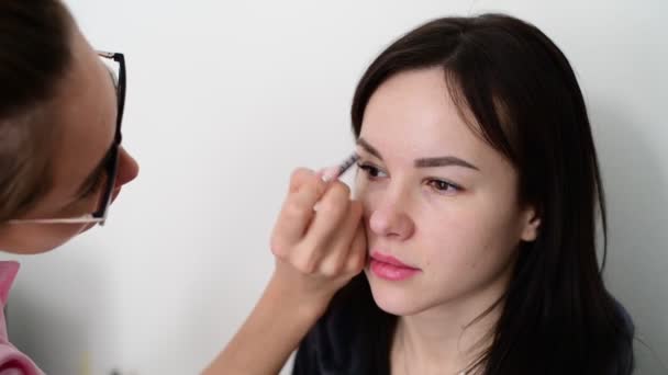 Trucco artista dipinge sopracciglia giovani ragazze dai capelli scuri — Video Stock