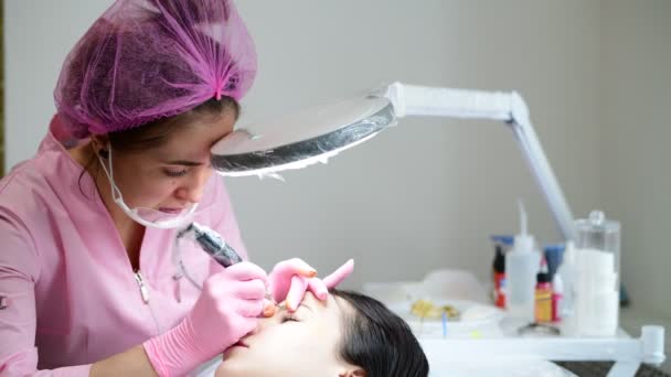 Médico cosmetologista fazendo coloração instrumental de sobrancelhas — Vídeo de Stock