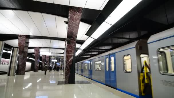 Moskou, Rusland - 17 maart. 2018. de trein zijn bladeren naar metrostation Khoroshevskaya — Stockvideo
