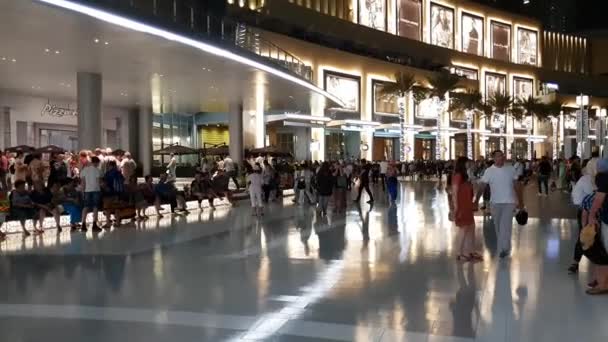 Dubaj, Spojené arabské emiráty - duben 8. 2018. mnoho turistů před svět slavné nákupní centrum Dubai Mall — Stock video