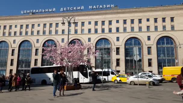 Moskova, Rusya - 14 Nisan. 2018. insanlar Lubyanka Meydanı çiçekli ağaçlar ile dekore edilmiştir — Stok video