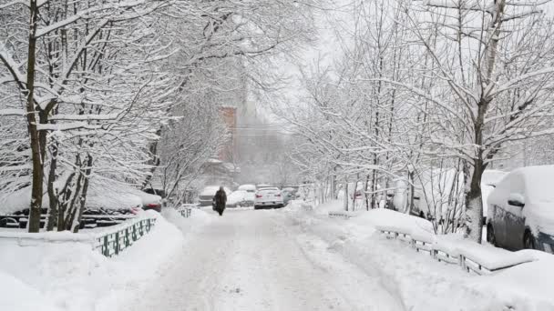 Fila de coches cubiertos de nieve a lo largo de la acera cerca de la casa. Moscú, Rusia — Vídeo de stock