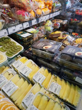 Moscow, Russia - Jan 27. 2020. Fresh Pineapples and other fruits at the Perekrestok store