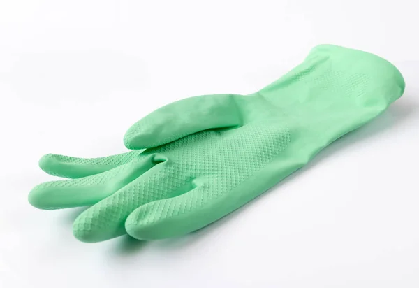 Зеленые Перчатки Мытья Посуды Латекса Белом Фоне — стоковое фото