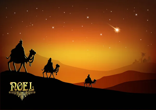 Három bölcsek látogatják Jézus Krisztus születése után — Stock Vector