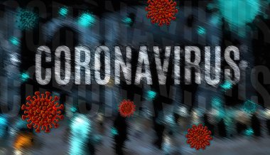 Coronavirus covid-19 kavramsal illüstrasyon ve arka planda bulanık şehir manzarası