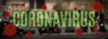 Coronavirus covid-19 kavramsal illüstrasyon ve arka planda bulanık şehir manzarası