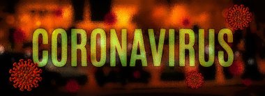 Coronavirus covid-19 kavramsal illüstrasyon ve arka planda bulanık şehir manzarası