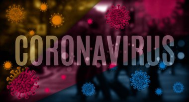 Coronavirus covid-19 kavramsal illüstrasyon ve arka planda bulanık şehir manzarası