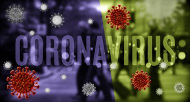 Coronavirus covid-19 kavramsal illüstrasyon ve arka planda bulanık şehir manzarası