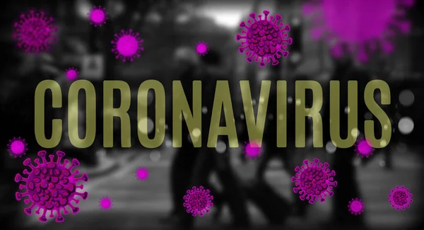 Coronavirus Covid Εννοιολογική Απεικόνιση Θολή Σκηνή Της Πόλης Στο Παρασκήνιο — Φωτογραφία Αρχείου