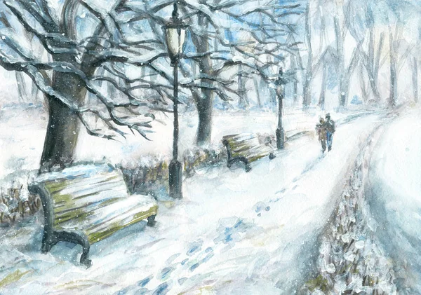 Πάρκο χειμώνα με ένα ζευγάρι περπάτημα — Φωτογραφία Αρχείου