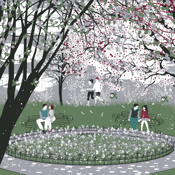春には都会の庭でロマンチックなアポイントメントやスポーツ活動を楽しむ若者 — ストックベクタ