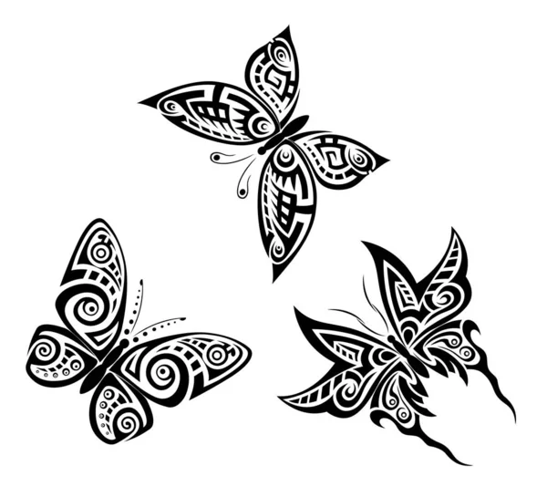 Conjunto Mariposas Blancas Negras Forma Tatuaje Tribal — Vector de stock