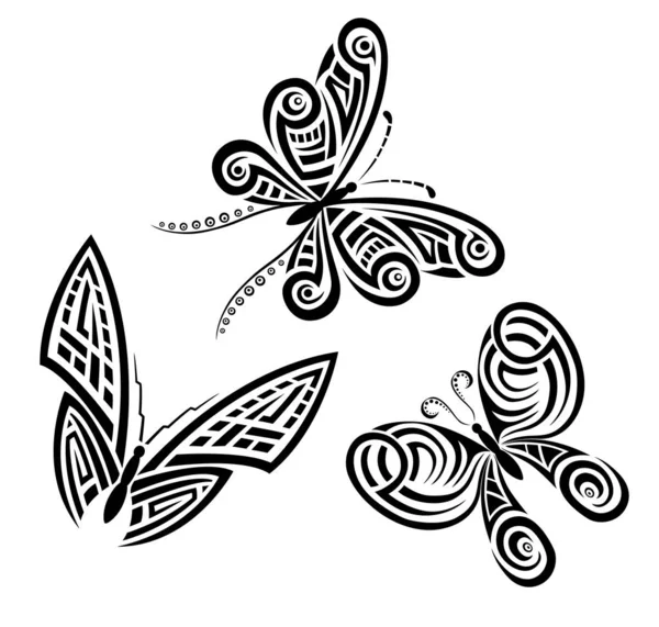 Conjunto Mariposas Blancas Negras Forma Tatuaje Tribal — Vector de stock