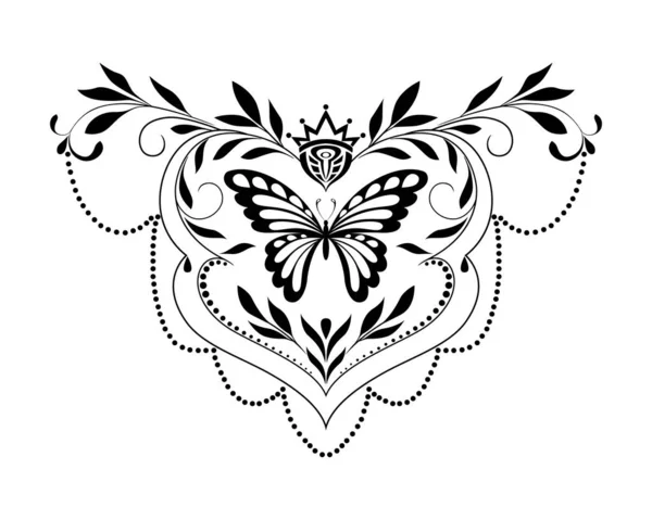 饰有蝴蝶 叶子和卷曲图案的黑白图案 病媒纹身 — 图库矢量图片#
