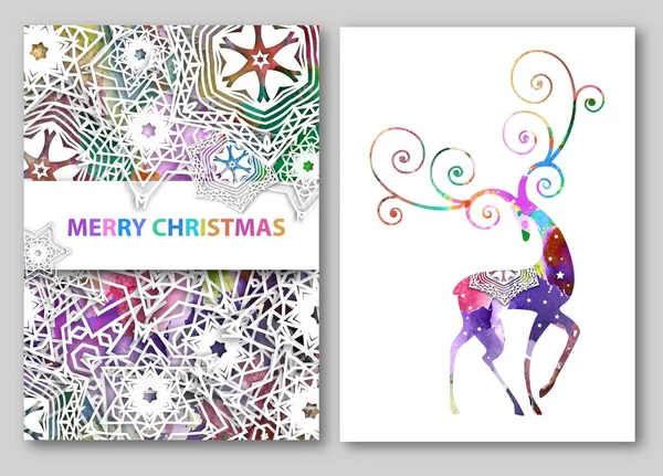 Cartes de vœux de cerf de Noël ou milieux. Illustration vectorielle avec flocons de neige et effet aquarelle . — Image vectorielle
