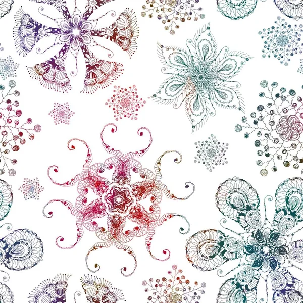 Modèle sans couture avec des flocons de neige multicolores sur fond blanc. Vecteur vintage Noël . — Image vectorielle