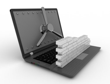 Laptop ile şifreli kilit ve tuğla duvar. Güvenlik Duvarı kavramı.