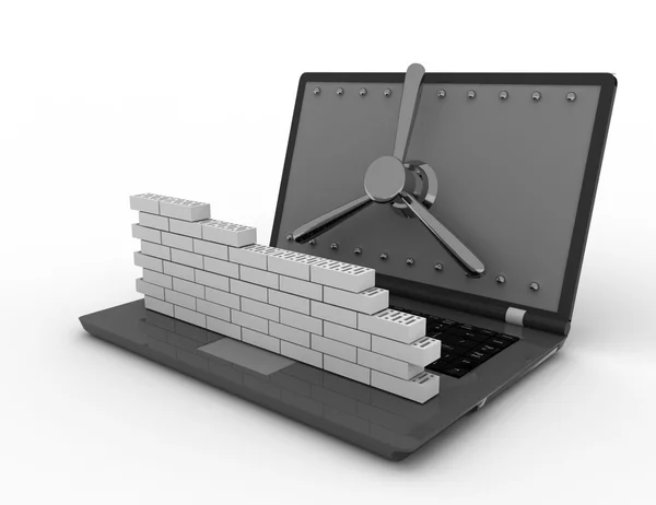 노트북 자물쇠와 벽돌 벽입니다. 방화벽 개념. — 스톡 사진