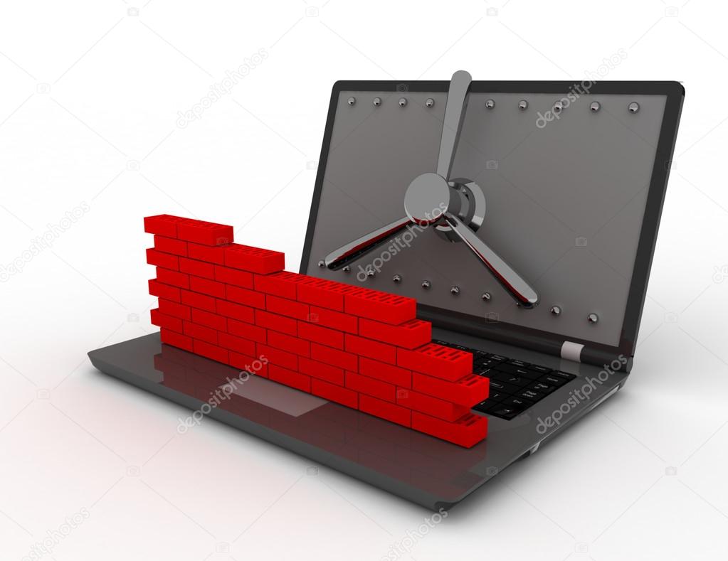 Laptop with combination Lock and brick wall. Firewall concept.