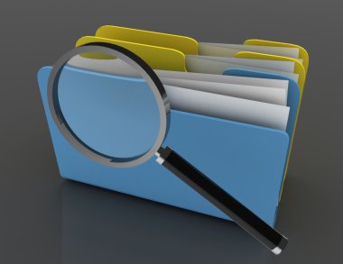 Mavi klasörler üzerinde büyüteç. Soruşturma dosyaları.