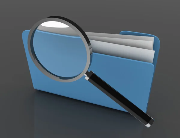 Magnifying glass over the blue folders. Files investigation. — Stock Photo, Image