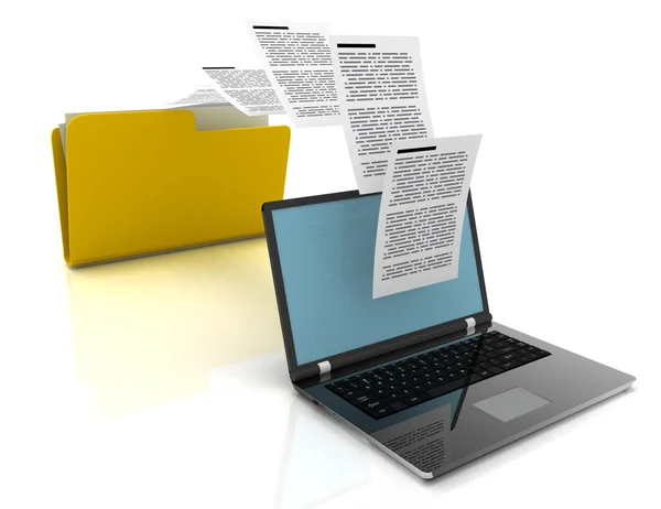 Files transfer between laptops and folder. 3d illustration. — Stock Photo, Image