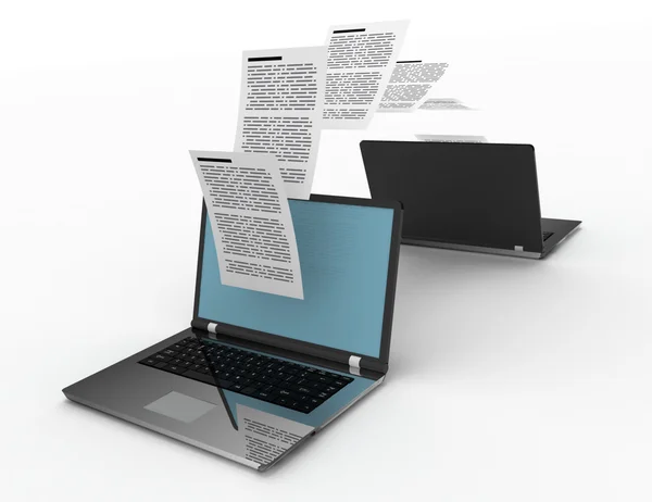 Files transfer between laptops. 3d illustration. — Stock Photo, Image