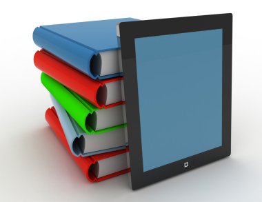 3D tablet ve kitaplar, dijital ve kağıt kitaplığı kavramı katiyen b