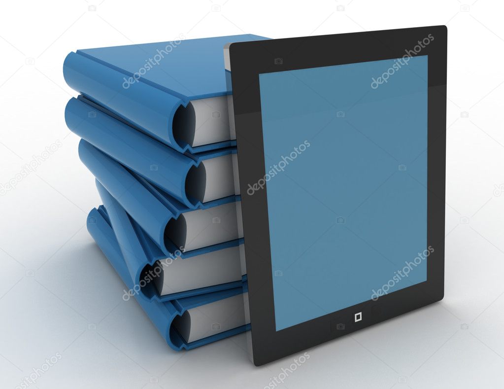 3d tablet and books, digital and paper library concept on whit b