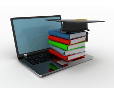 Kitap ve laptop-e-öğrenme 3d kavramında kapakta mezuniyet
