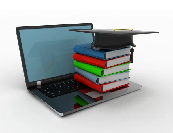 Livres et plafond de graduation sur laptop- e-learning concept 3d dans le — Photo