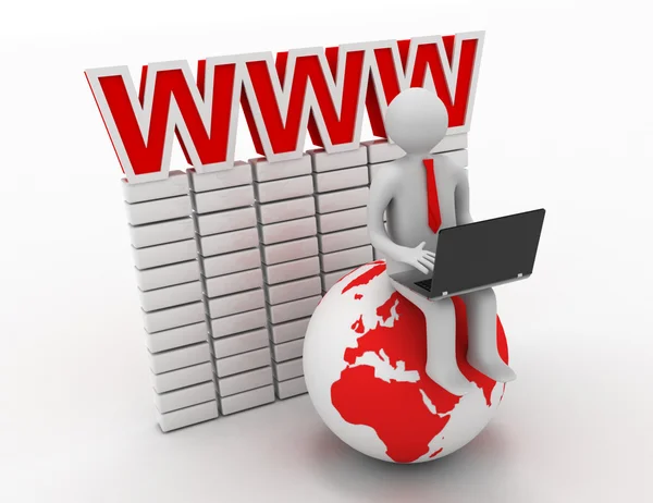 3d small person working on a laptop next to the globe. internet — Stock Photo, Image