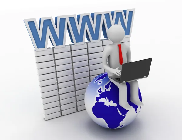 3d small person working on a laptop next to the globe. internet — Stock Photo, Image