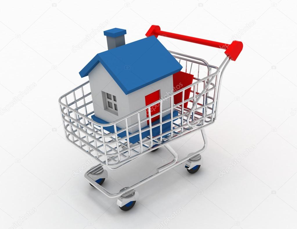 3D house in a shopping cart isolated on white in the design of t