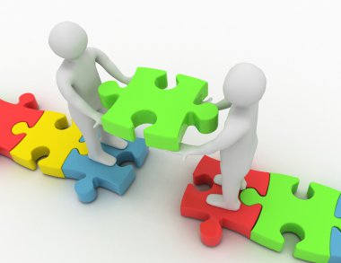 3D insan ve renkli puzzle parçaları