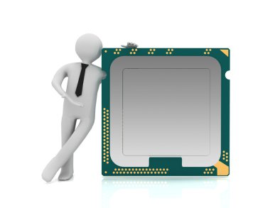 3D adam ve Cpu çip, beyaz arka plan üzerinde merkezi işlemci birimi.