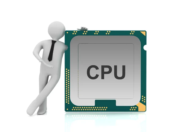 3D-man en Cpu-chip, centrale processoreenheid op witte achtergrond. — Stockfoto