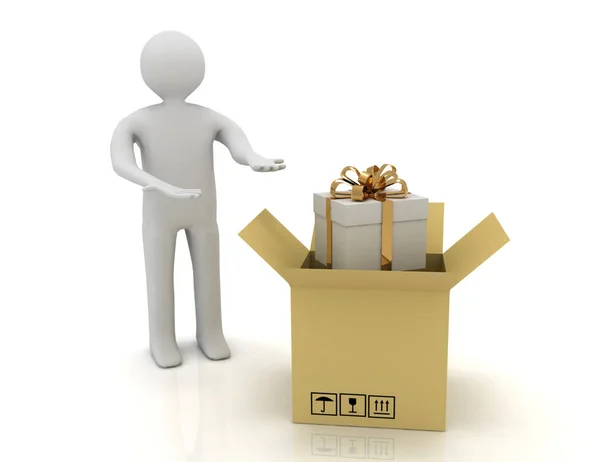3D man en geschenk in karton — Stockfoto