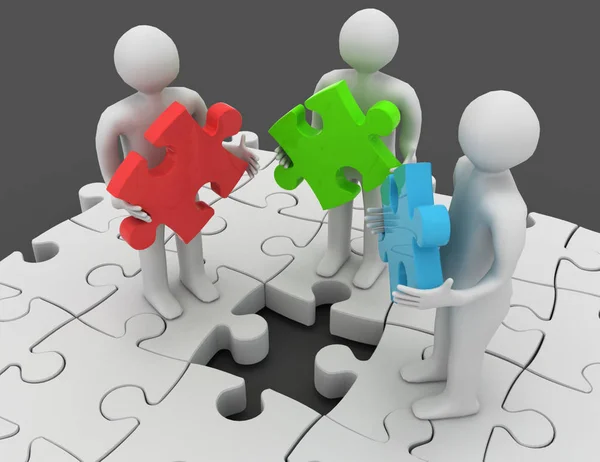 3d people holding different puzzle pieces standing on puzzle wit — Stock Photo, Image