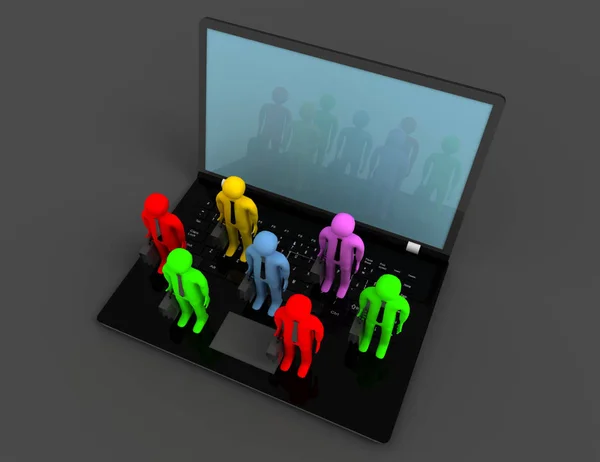 Група людей фігури на ноутбуці, 3d рендеринг — стокове фото