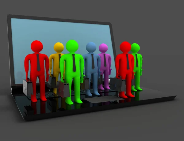 Chiffres groupe de personnes sur ordinateur portable, rendu 3d — Photo