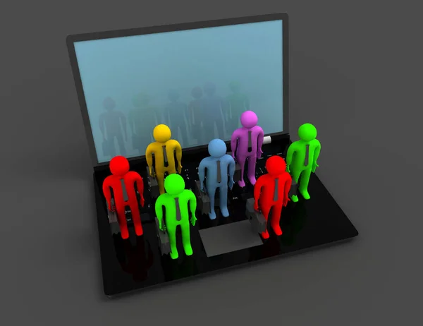 Group of people figures on laptop, 3d render — Stock Photo, Image