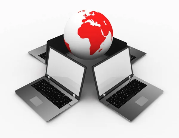 3d laptops and earth globe outsourcing concept — Stock Photo, Image