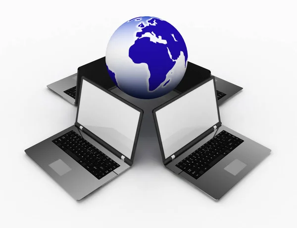 3d laptops and earth globe outsourcing concept — Stock Photo, Image