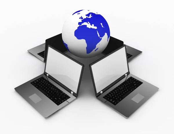 3d laptops and earth globe outsourcing concept — Stock Photo, Image