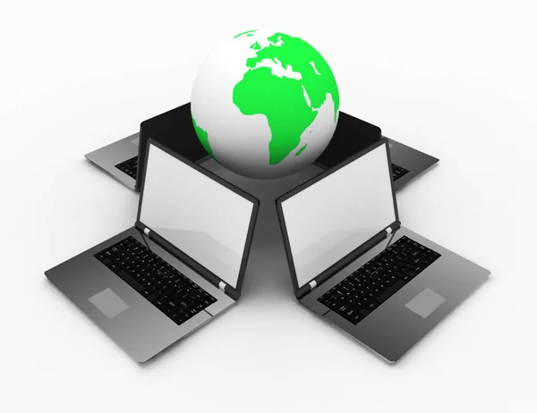 3d laptops and earth globe outsourcing concept — Stock Photo, Image