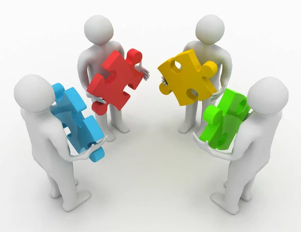 Teamwork concept, four persons with different puzzles — Stock Photo, Image