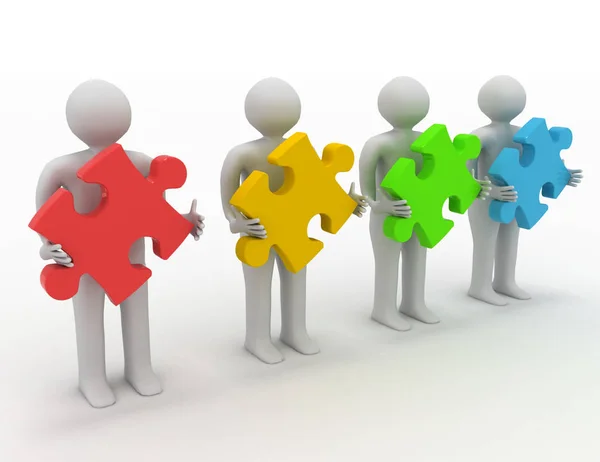 Teamwork-Konzept, vier Personen mit unterschiedlichen Puzzles — Stockfoto